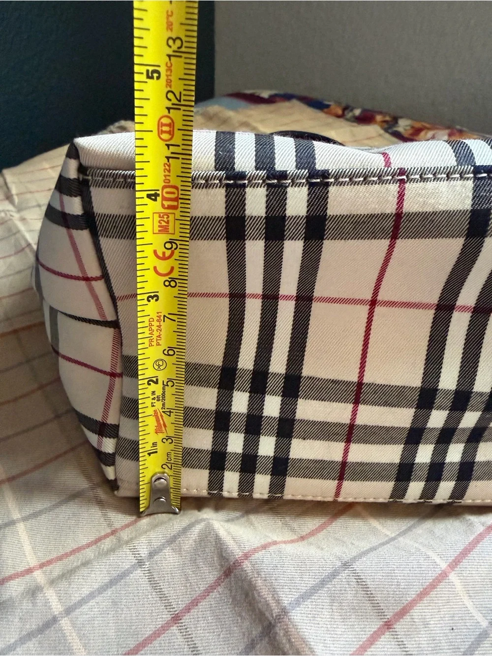Burberry Beige Plaid Tote with Black Handles